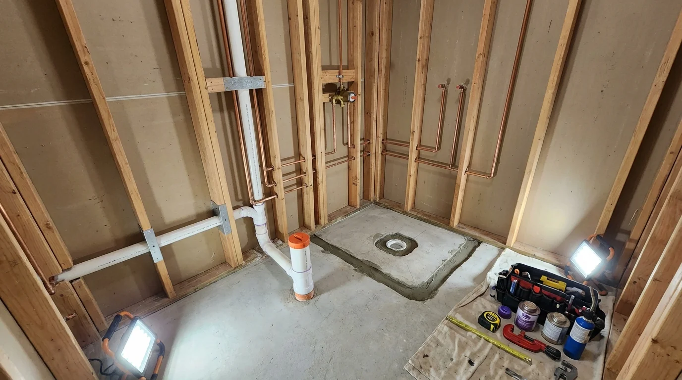 Bathroom rough-in plumbing during remodel by Johns Plumbing LLC in Carefree