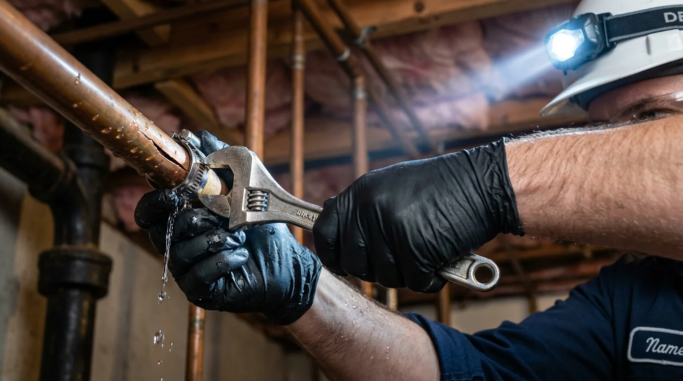 Emergency pipe clamp repair being performed by a Johns Plumbing LLC plumber in Carefree