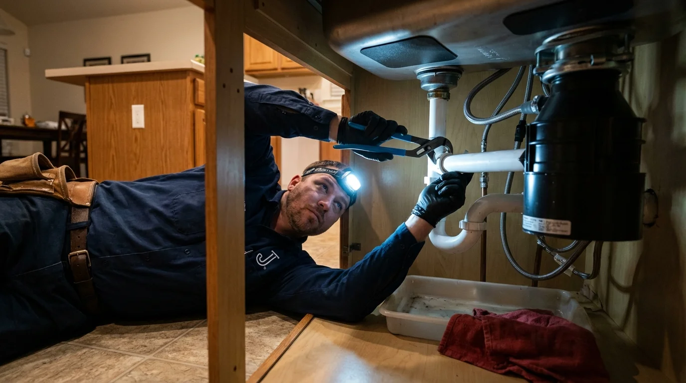 P-trap and supply line connections under a kitchen sink showing a common leak point in Carefree, AZ